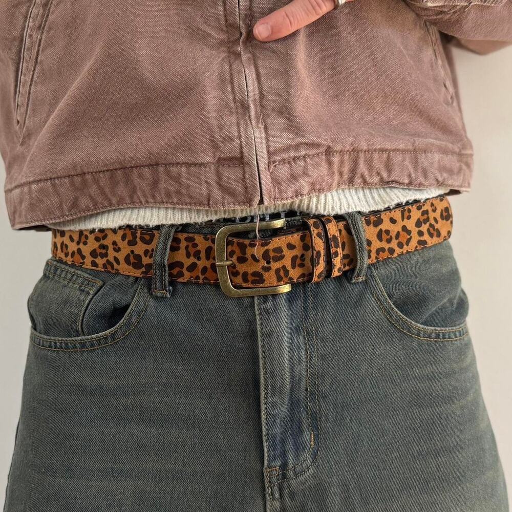 Leopard Print Brown Men's Fashion Belt with Brass Buckle